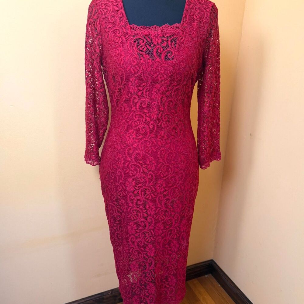 Candies Red Lace Stretch Midi Pencil Dress Size M Cocktail Party Vampy Romantic
